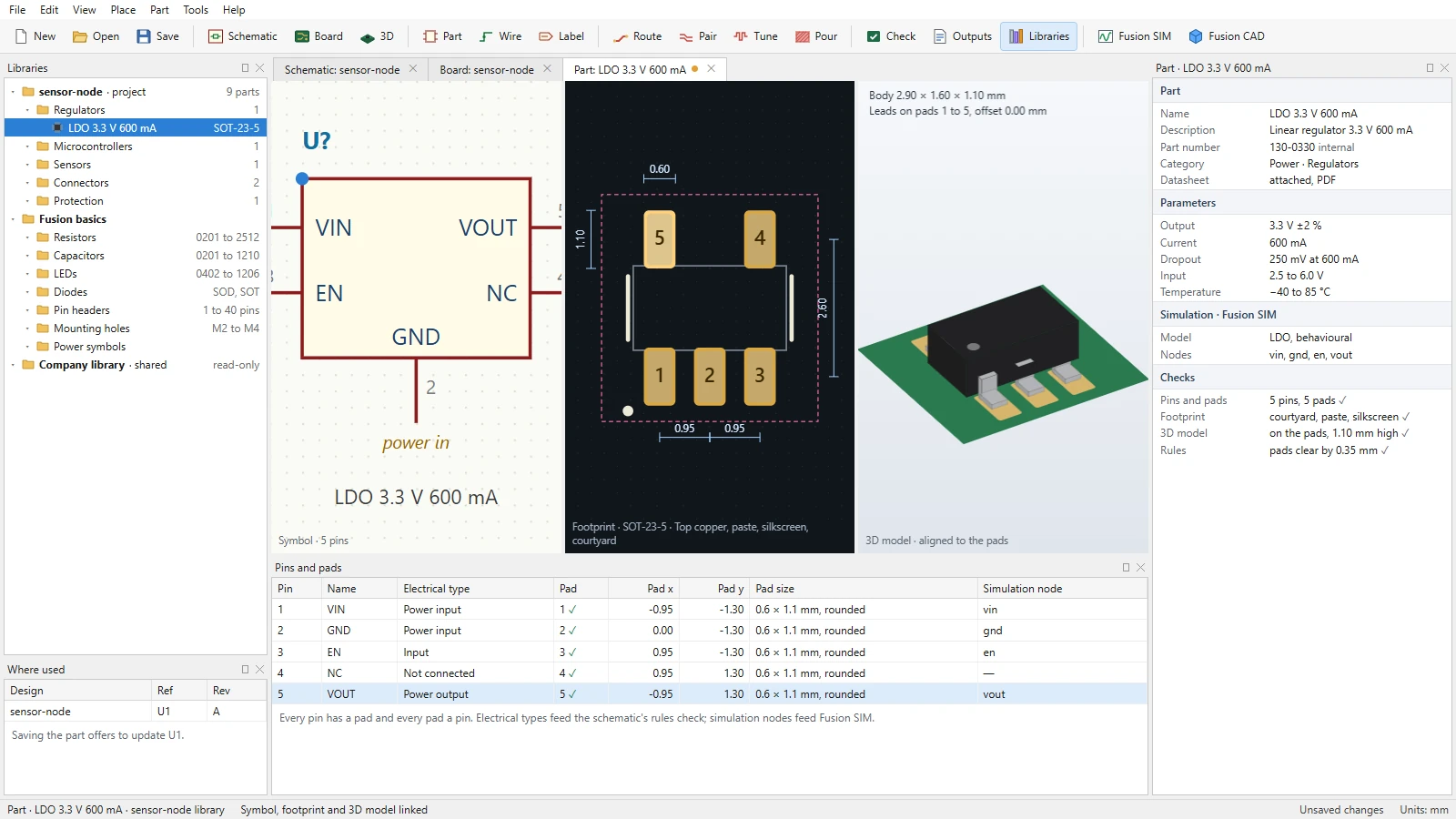 Design mockup of the Fusion EDA library editor: a 3.3 V regulator's symbol with its pin types, its SOT-23-5 footprint with pad dimensions, courtyard and silkscreen, its 3D model sitting on the pads, and a table matching its five pins to five pads
