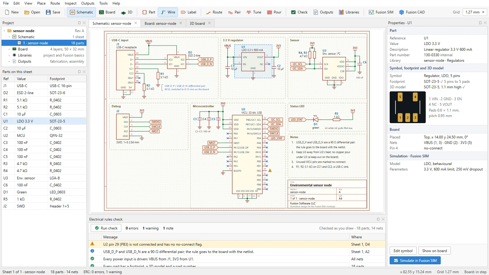 Design mockup of Fusion EDA's schematic editor: one sheet of a USB-C sensor board with its connector, 3.3 V regulator, microcontroller, sensor, status LED and debug header; the regulator is selected and its properties show the linked footprint, 3D model and Fusion SIM model, and the electrical rules check lists one warning